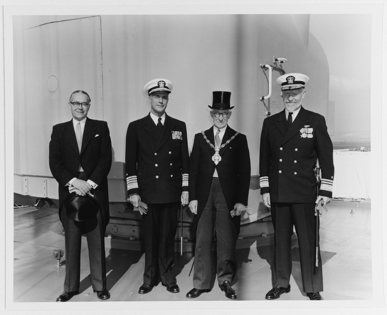 Unidentified aide, Admiral Jerauld Wright, USN, Supreme Allied Commander Atlantic, Lord Mayor of Gosport, Vice Admiral Robert B. Pirie, USN, Commander Striking Fleet Atlantic