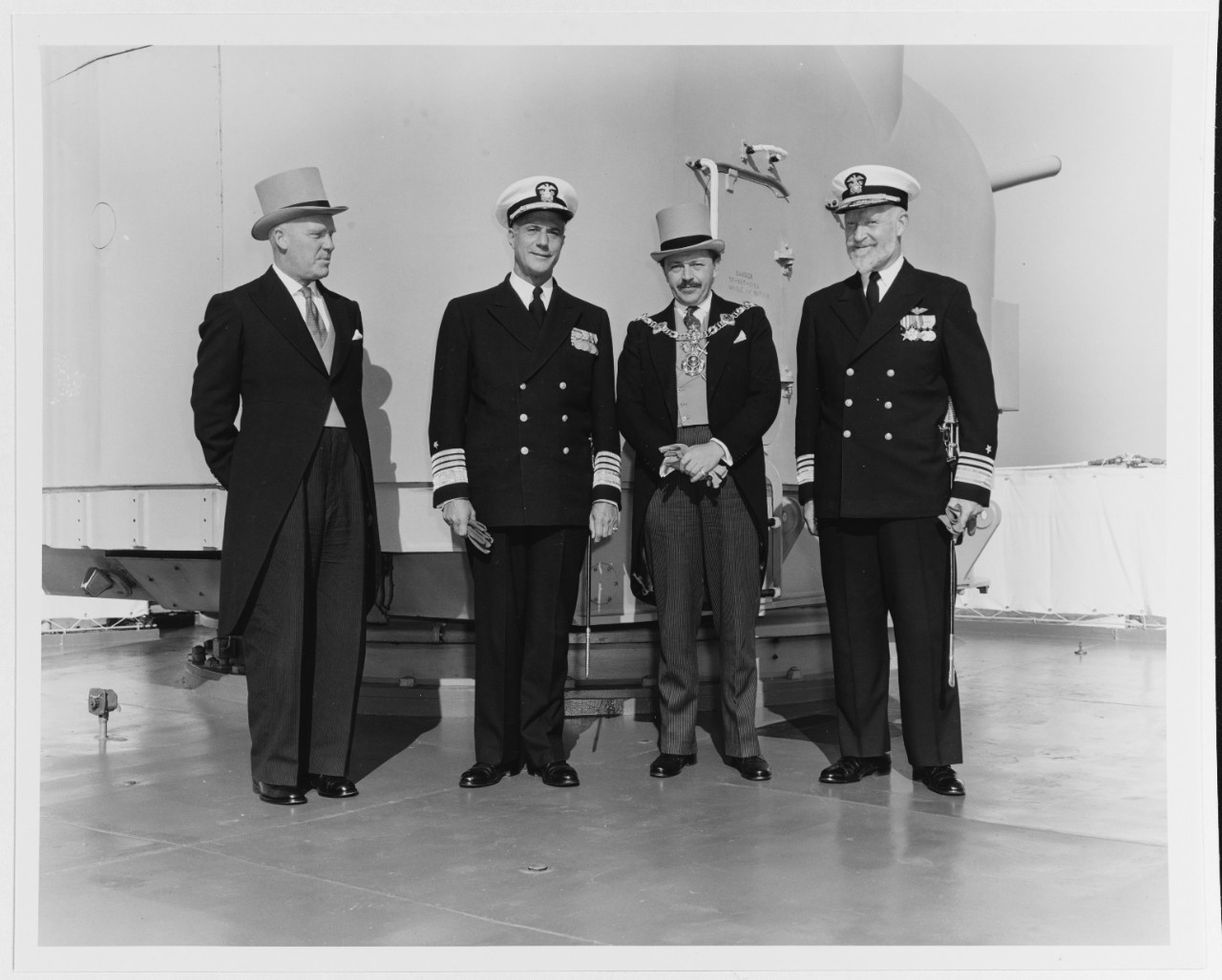 Unidentified aide, Admiral Jerauld Wright, USN, Supreme Allied Commander Atlantic, Lord Mayor of Portsmouth, Vice Admiral Robert B. Pirie, USN, Commander Striking Fleet Atlantic