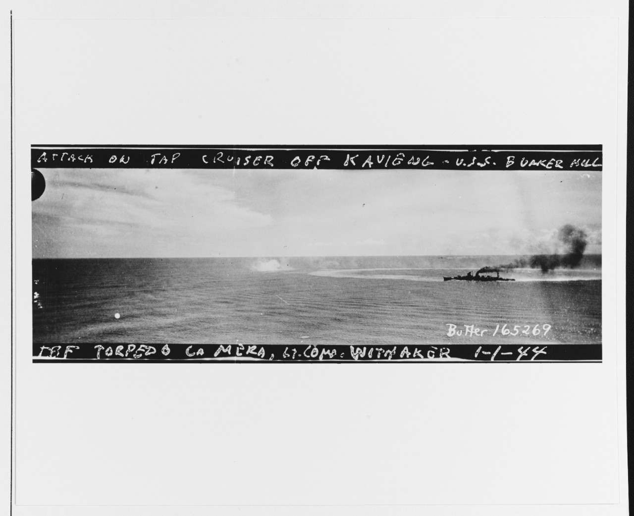 Japanese cruiser NOSHIRO under attack by USS BUNKER HILL (CV-17)