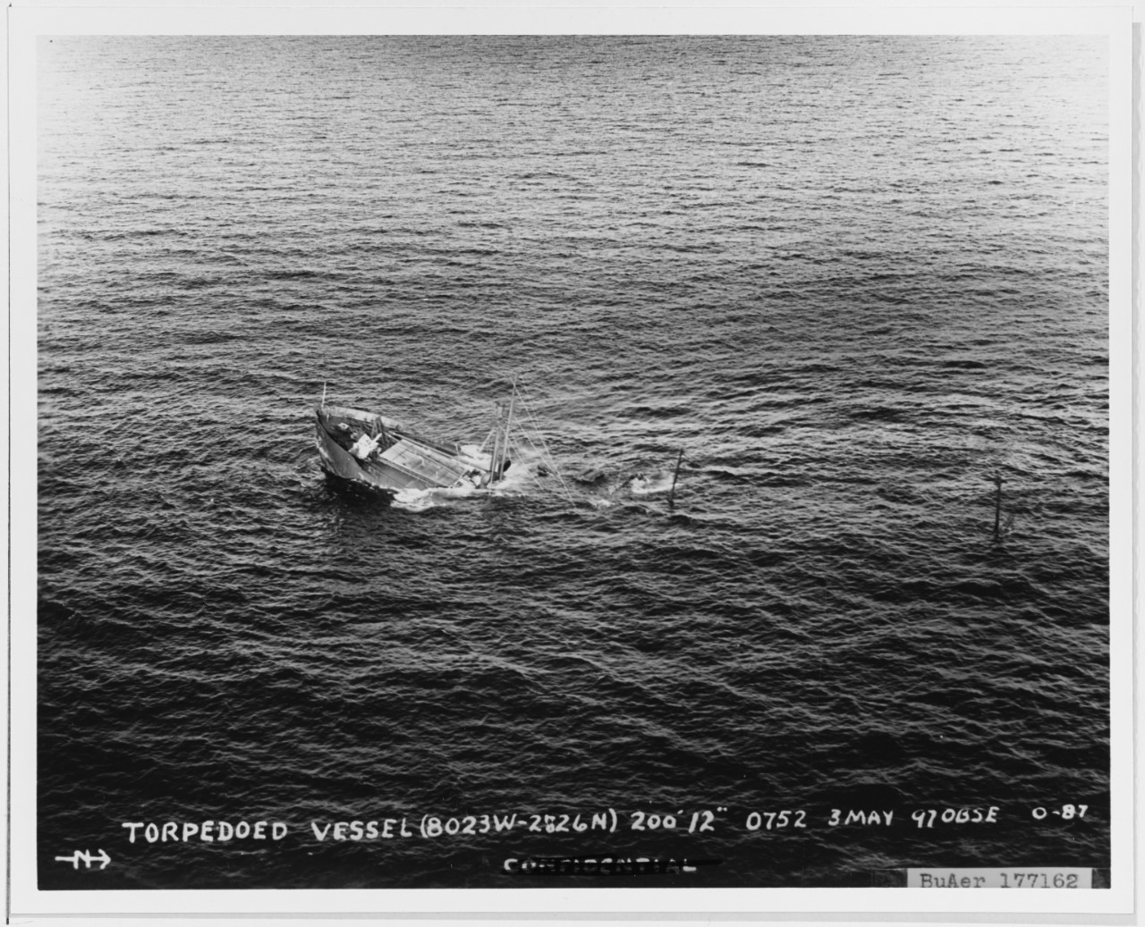 Torpedoed merchant ship sinking off the east coast of Florida (60-23W, 28-26N) on 3 May 1942.