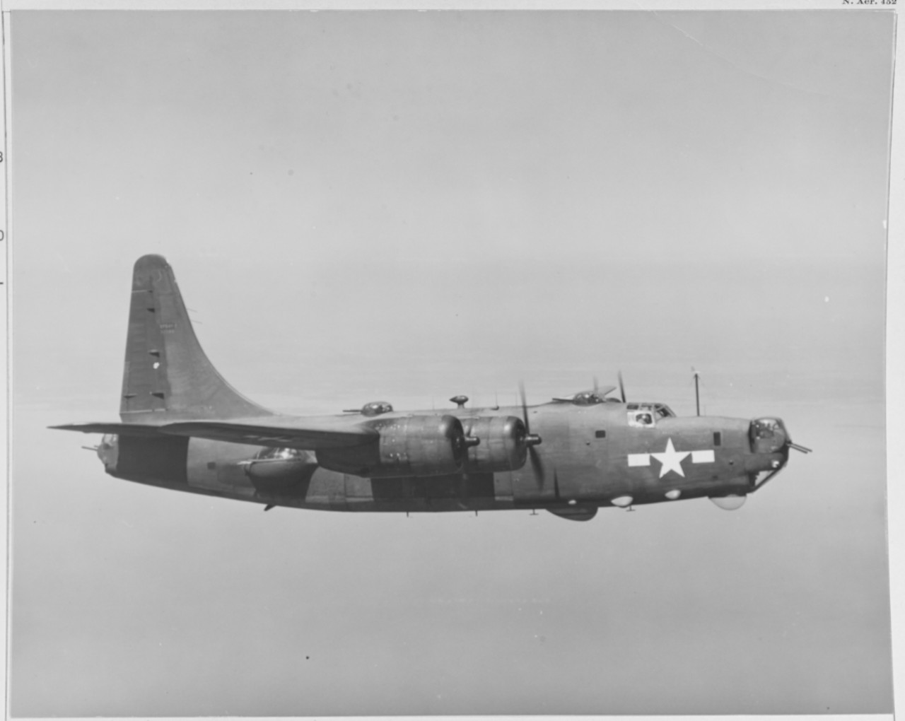 3 July 1944 - The first XPB4Y-2 (BUNO 32086), single tailed conversion of a production B-24D Army heavy bomber specifically altered to suit Navy patrol-bomber requirements. It made its first flight 20 September 1943 and the first production contract followed by a month. Twelve .50 caliber machine guns are carried in twin turrets and two twin waist mounts. ECM gear is carried in faired housings under the nose and cockpit, while the larger fairing beneath the forward dorsal turret contains AN/APS-15 ("Mickey") bombing radar, used successfully for "blind" bombing by the Eighth Air Force over Europe.
