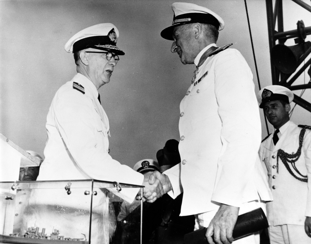 Vice Admiral Immanuel Holger, Chilean Naval Mission, congratulates Rear Admiral Roscoe E. Schuirmann, USN (Ret)