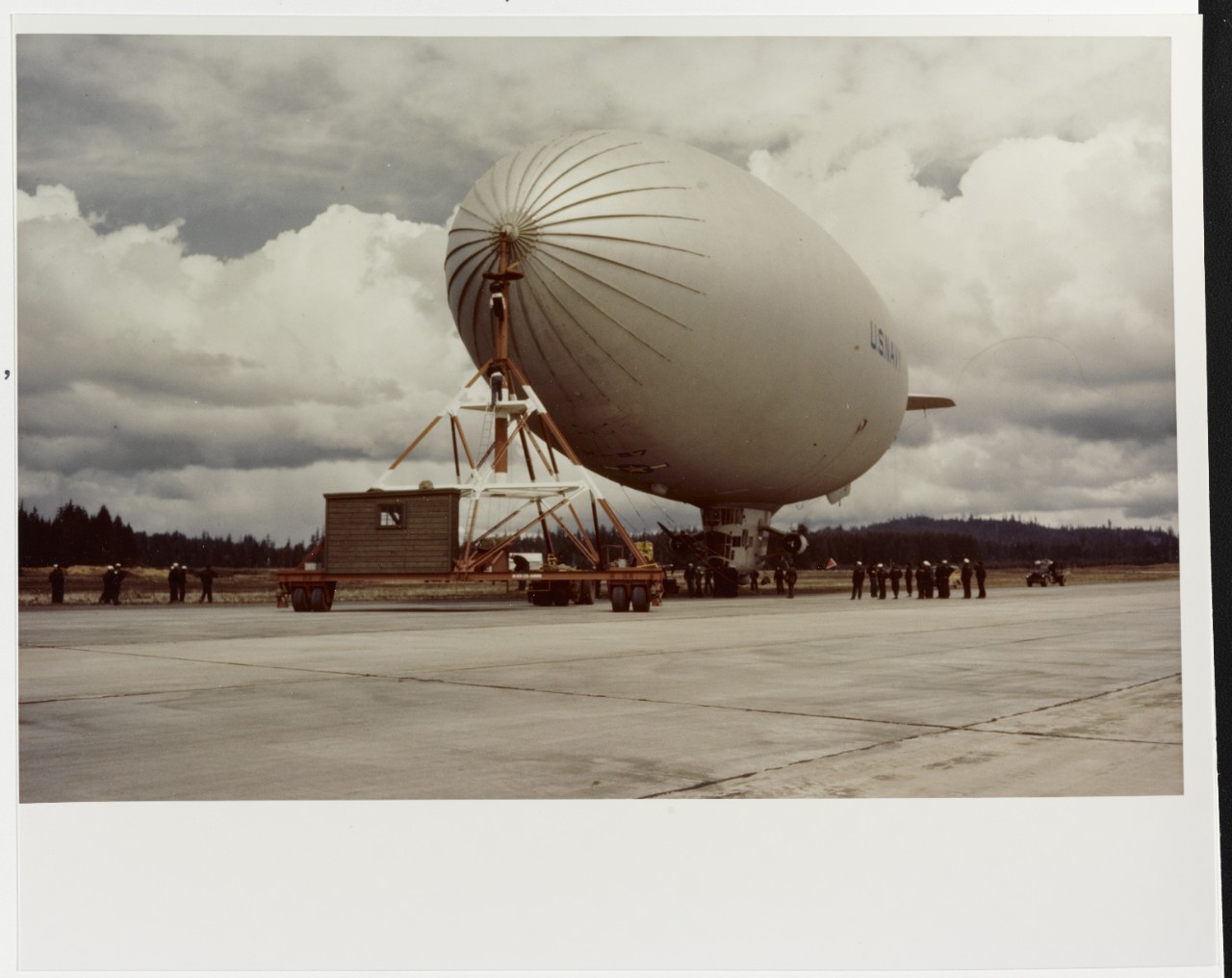U.S. Navy Blimp K-87 attached to a mobile mooring mast, circa 1944-1945