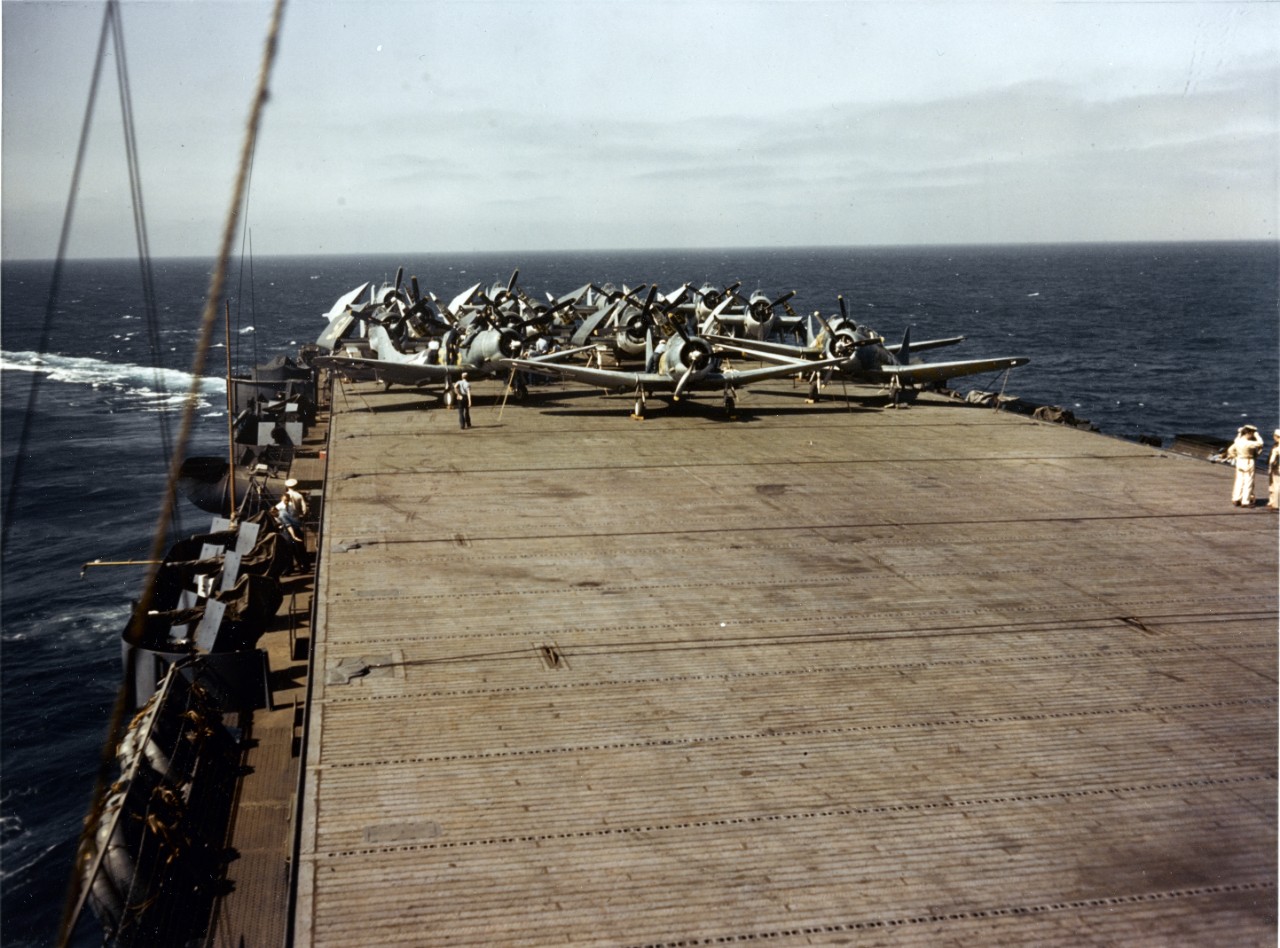 SBD, F6F and TBF Aircraft on a U.S. Navy Escort Carrier (CVE-9 Type), circa Mid-1943