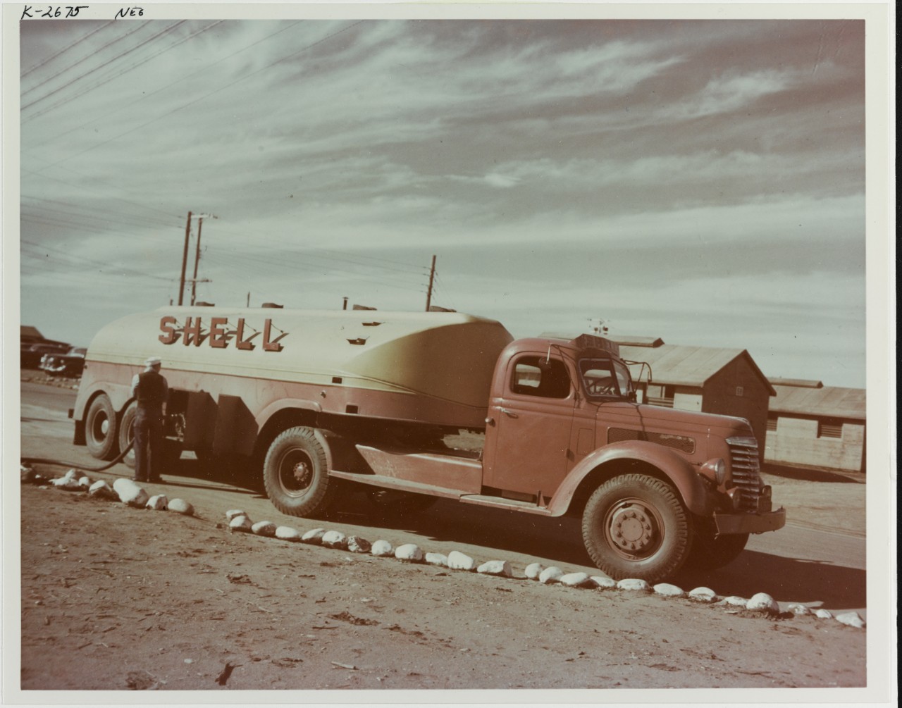 NAAS Kearney, California. "Shell" Oil Company tank truck delivers fuel to the air station, circa 1944