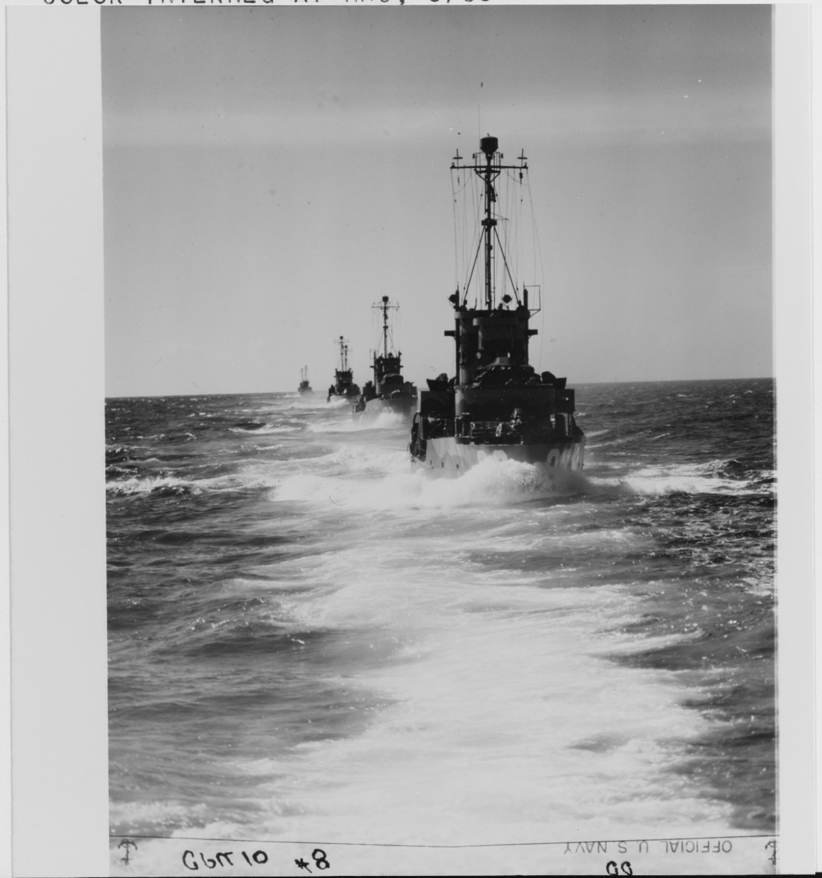 USS LCS-33 leads a column of sister ships, Pacific maneuvers, circa 1944-1945