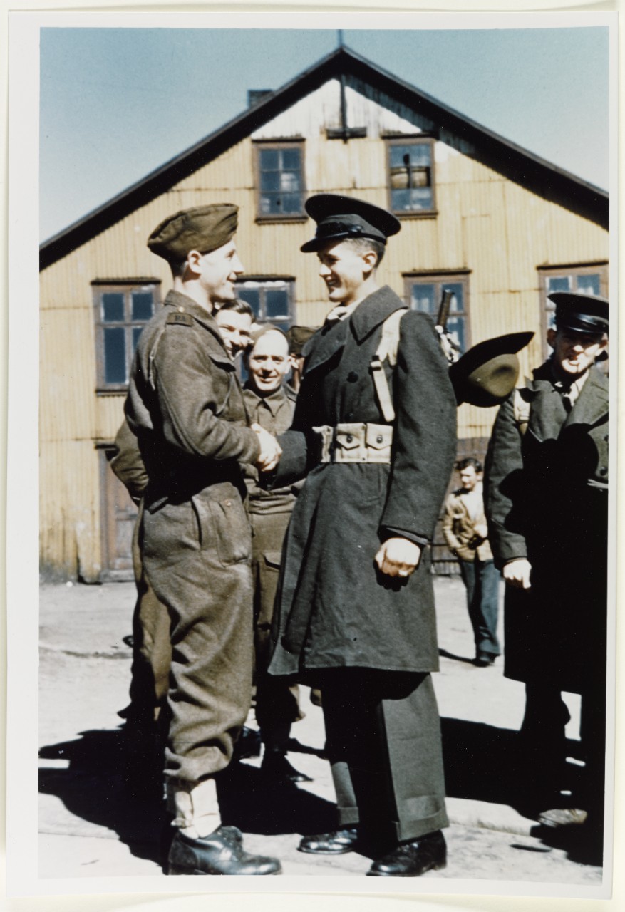 Occupation of Iceland, July 1941. U.S. Marine Private Robert C. Fowler welcomed by British Gunner Harold Ricardi