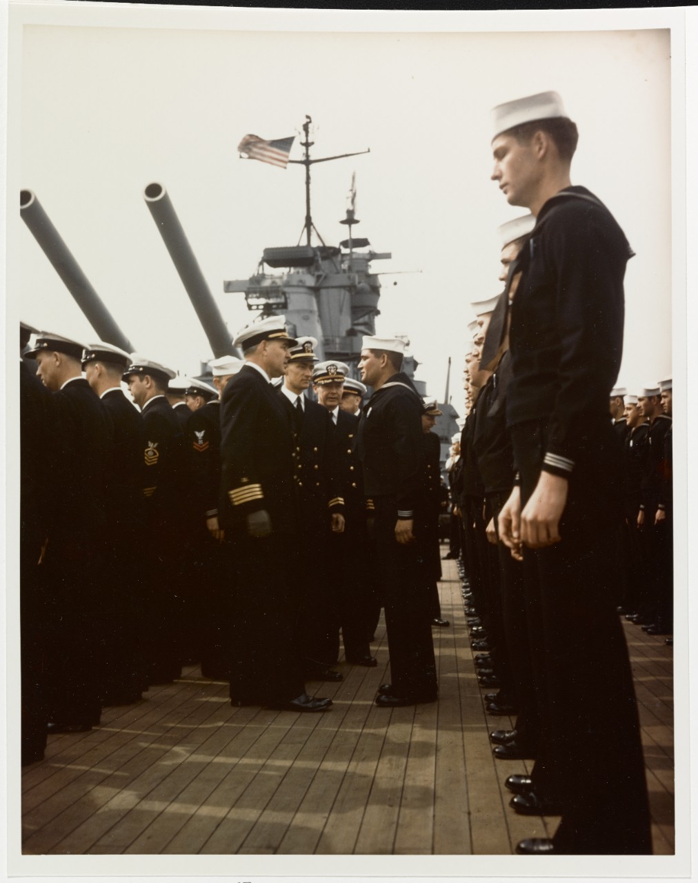 USS IOWA (BB-61) Captain John L. McCrea, inspecting the crew, circa 1943