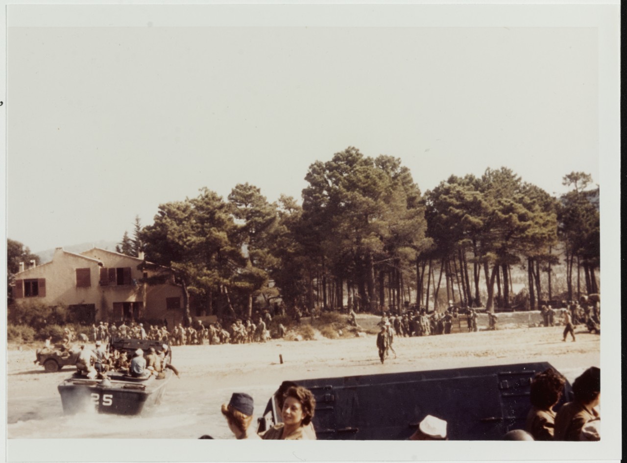 Southern France Invasion, August 1944. LCVPs come ashore, landing British Army personnel.