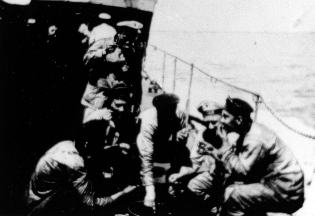 Sailors eating a meal aboard the Russian Destroyer DERZKI during World War I.