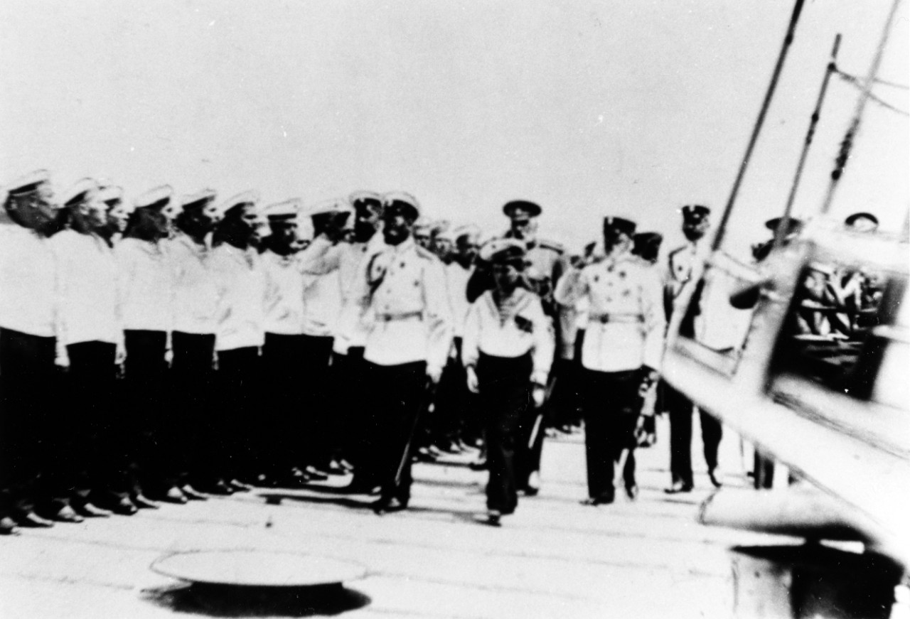 Tsar Nicholas II and his son inspecting the crew of the Russian Battleship IMPERATRITSA MARIA in about 1916