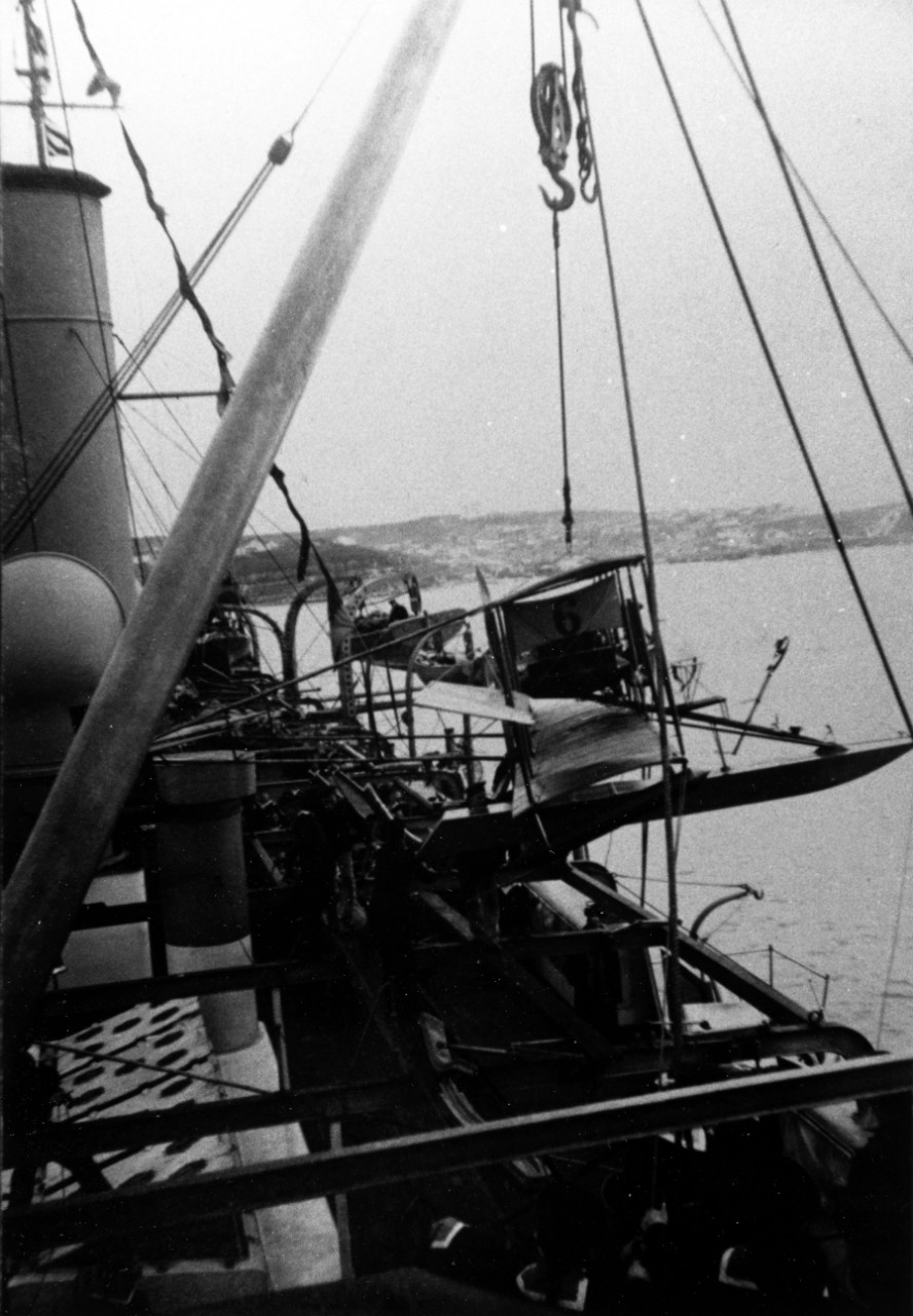 Russian Navy Curtiss Floatplane being hoisted aboard the Cruiser KAGUL in February 1915