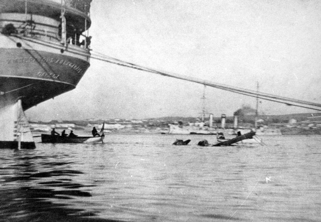 A crashed Russian Navy seaplane in the water at Sevastopol in about 1915.