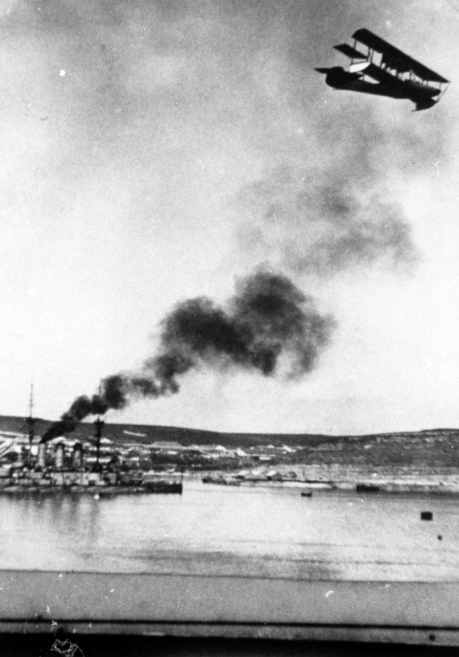 A Russian Navy Curtiss F-type flying boat over Sevastopol Harbor in about 1915.