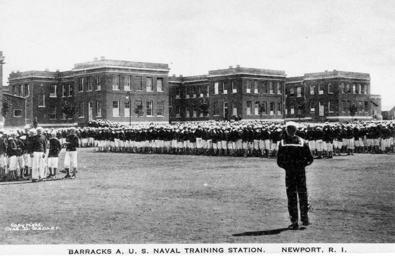 Naval Training Station, Newport, Rhode Island. Trainees in formation in front of Barracks "A", Circa 1918