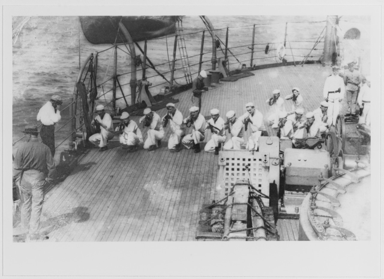 Vera Cruz Incident, 1914. Sailors at skirmish drill on the quarter deck of USS LOUISIANA (BB-19) while she was en route to Vera Cruz, April 1914