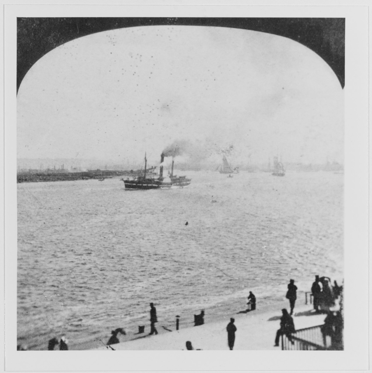 "Instantaneous Marine View". Stereo pair photograph from the "American Views" series. Busy harbor, with a very old-fashioned Side-wheel Steamship in center