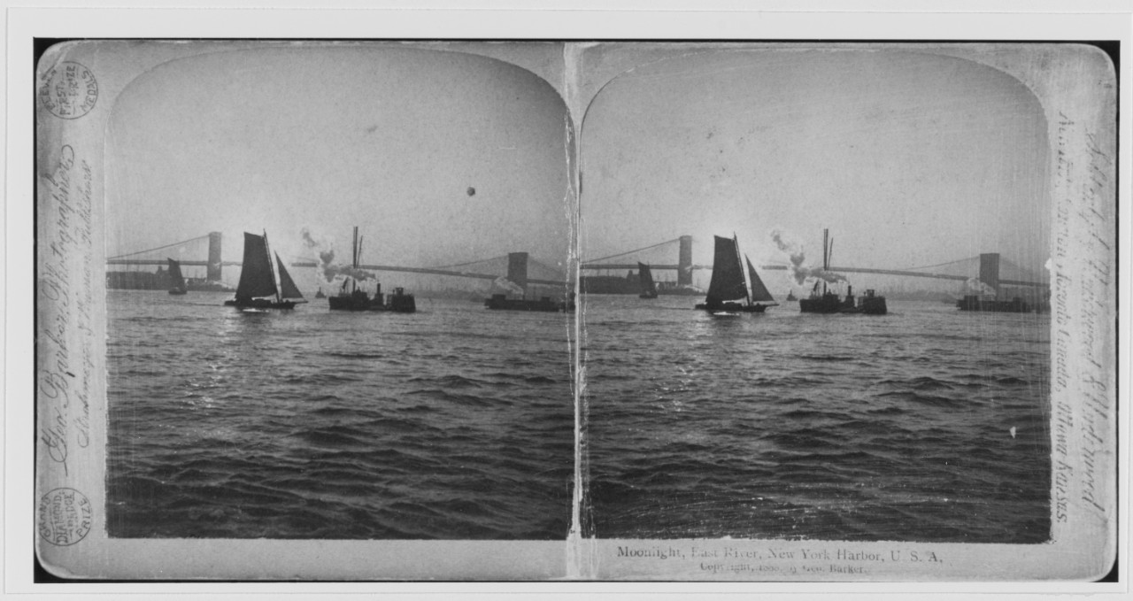 "Moonlight, East River, New York Harbor, U.S.A.". View copyrighted 1888
