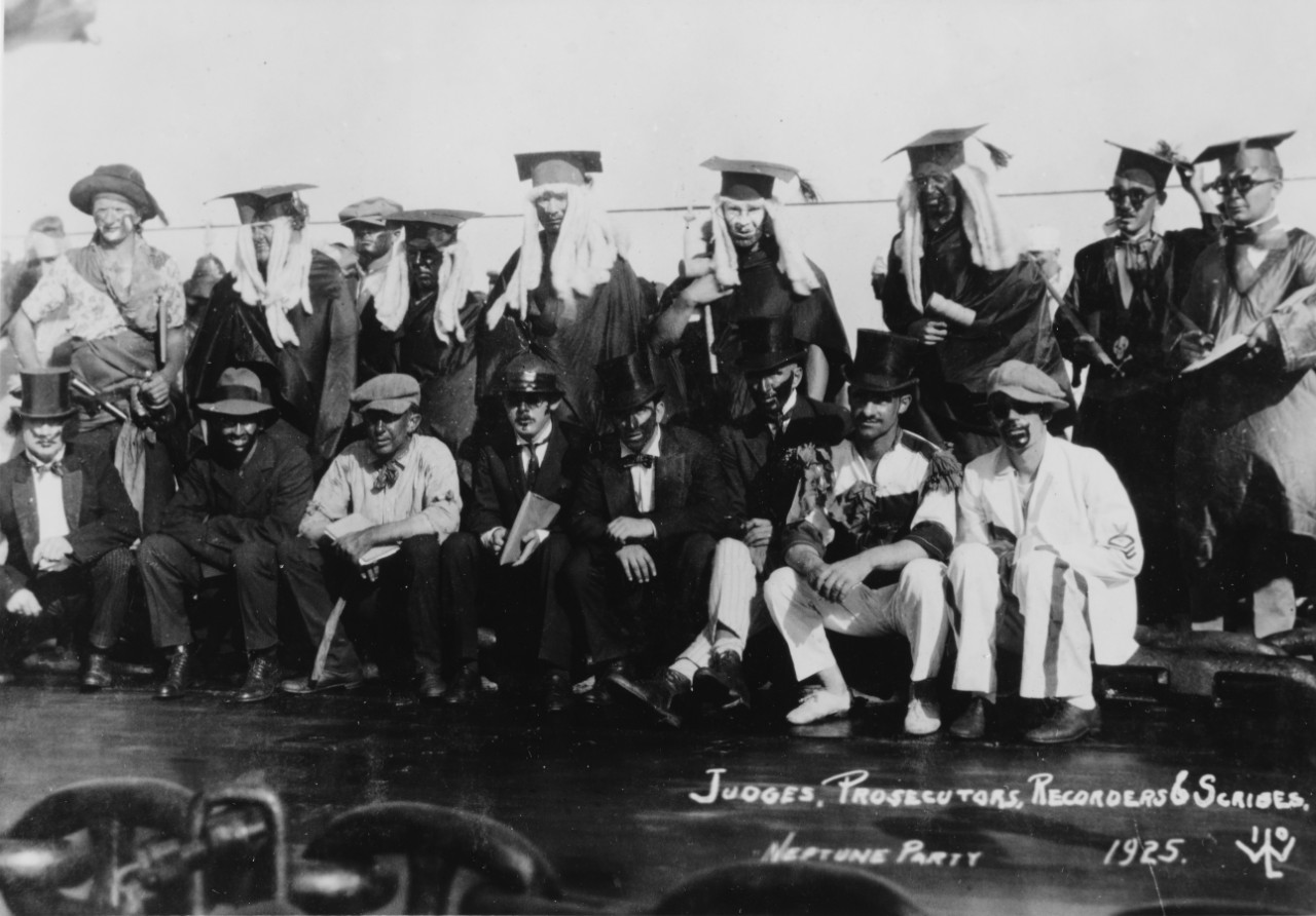 Judges, prosecutors, recorders and scribes during equator crossing ceremonies (Crossing the Line) on board, July 6, 1925, while en route to Australia. From the photo album of T.G. Siegel. 