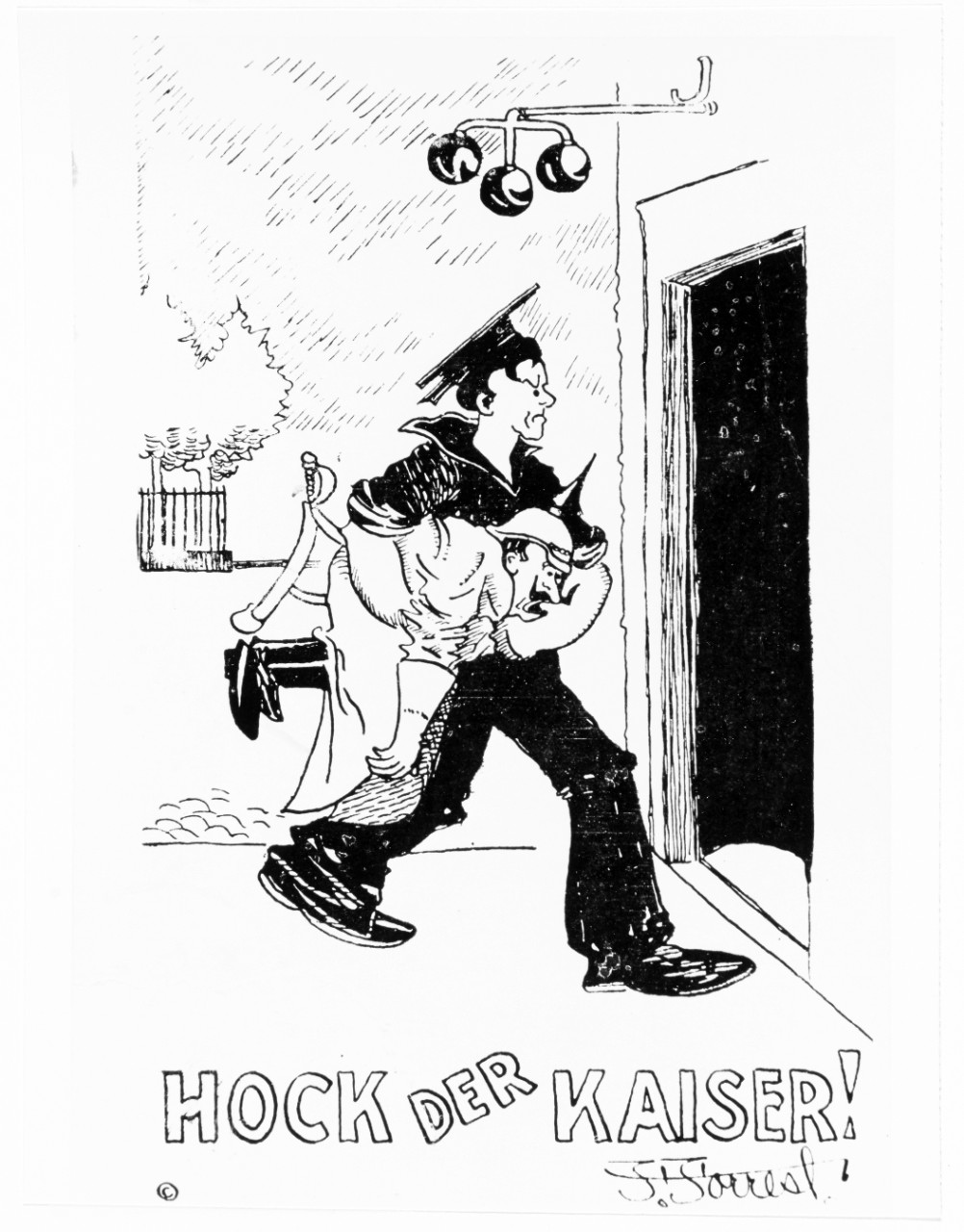 "Hock der Kaiser!" postcard cartoon by F. Forrest