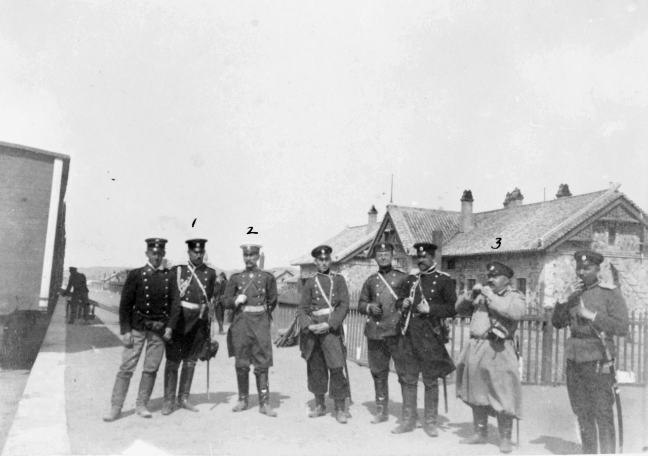 Russian officers by the railroad station at Pulundian, Manchuria, 7 May 1904.