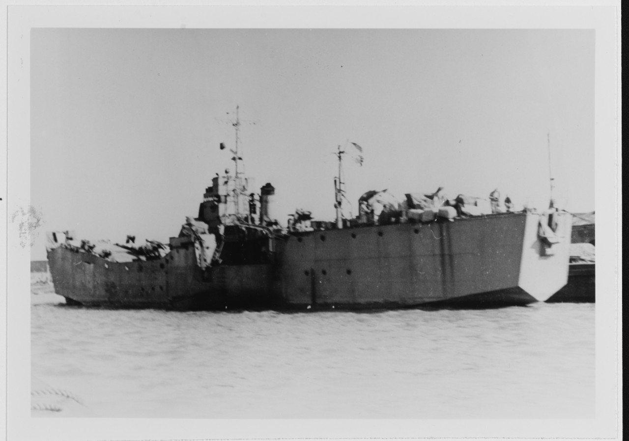 Japanese T-103 Class Landing Ship, end of World War II, U.S. Flag flying over the Japanese Naval Ensign