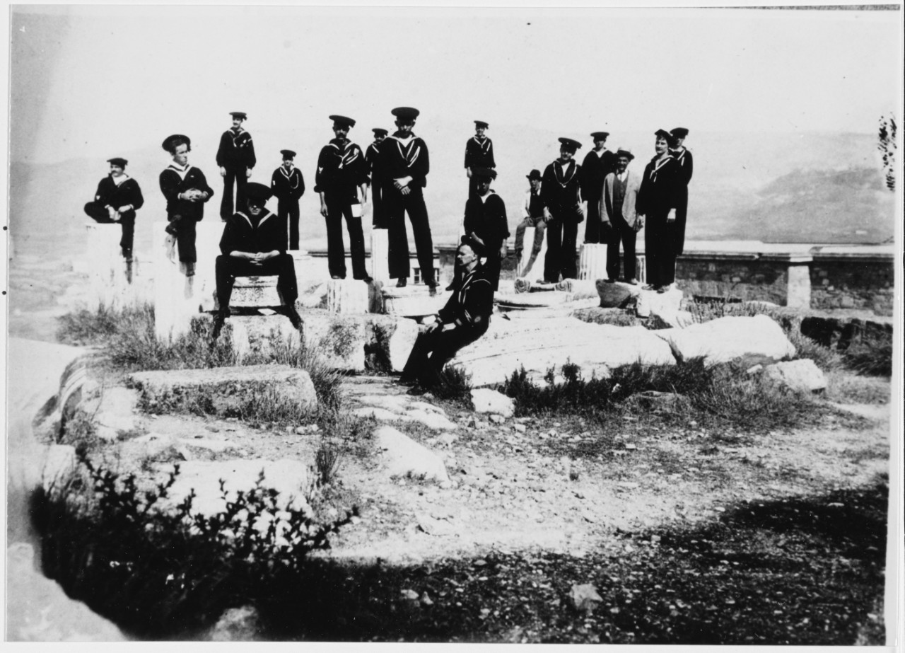 Athens, Greece. Crewmen from USS MAINE (BB-10) visit Achilles Grave Ruins, July 1904.