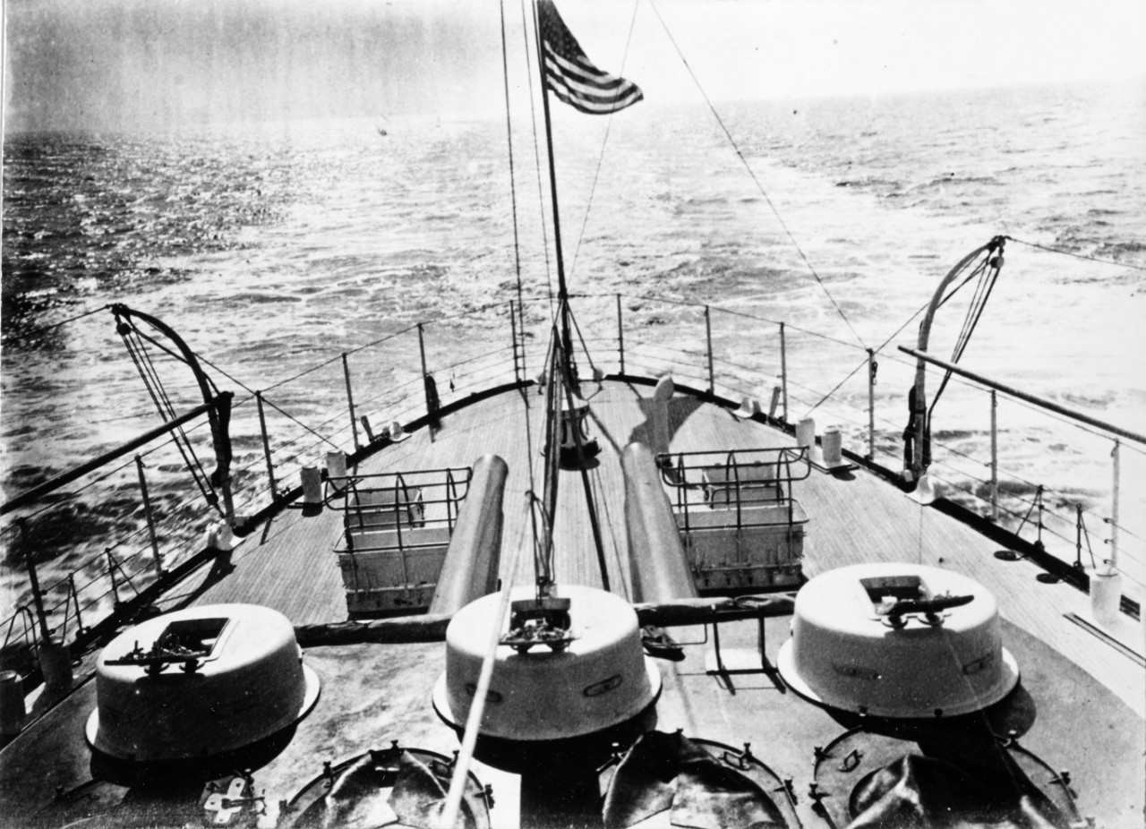 USS MAINE (BB-10) Looking astern from the after superstructure while underway, circa 1903-1905.