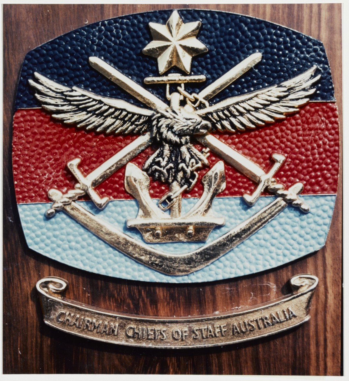 Insignia: Chairman, Chiefs of Staff, Australia. Plaque presented to Admiral Ephraim P. Holmes, USN, by General Sir John Wilton, 19 March 1969.