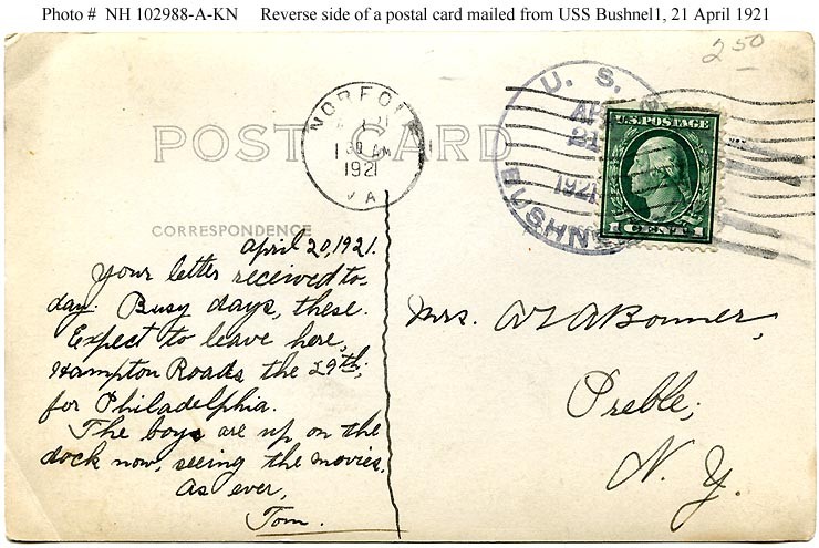 Photo #: NH 102988-A-KN Postal card mailed from USS Bushnell (AS-2), 21 April 1921