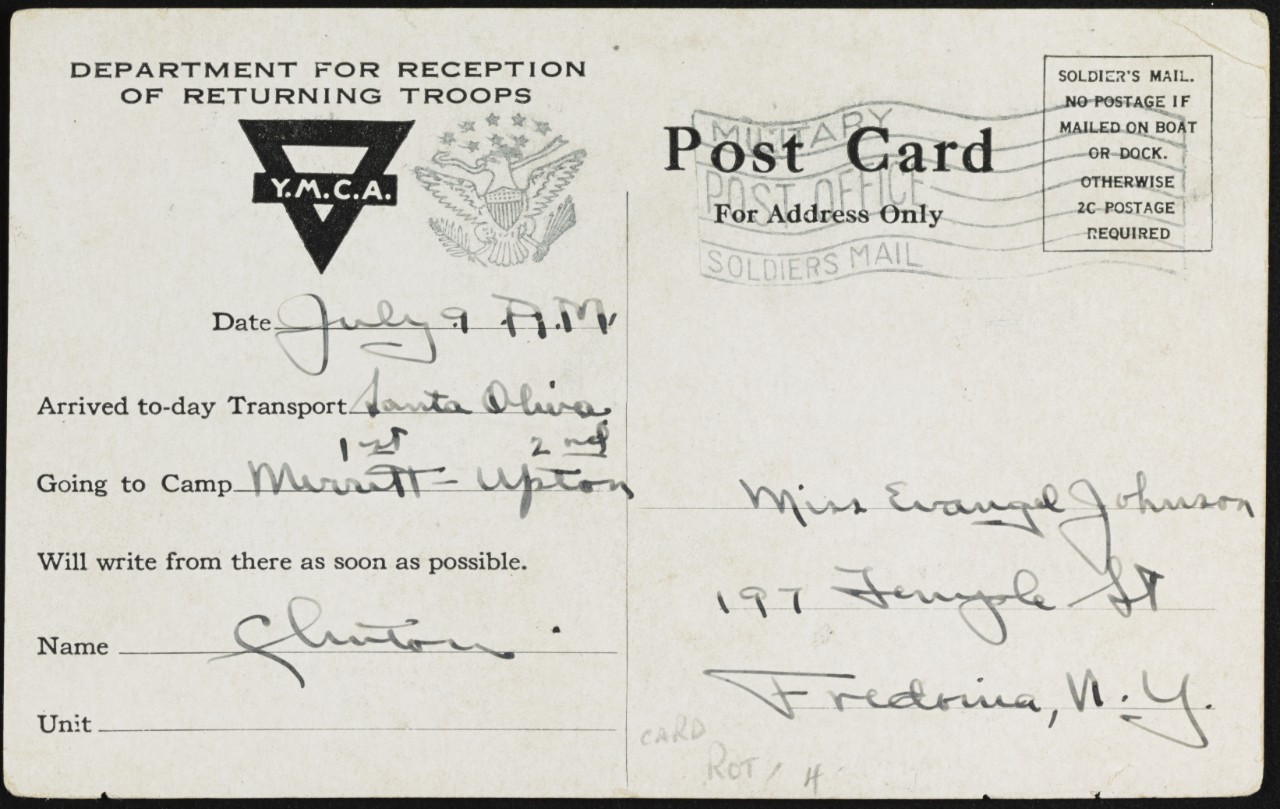 Photo #: NH 103581  YMCA Postal Card for Returning Troops, 1919