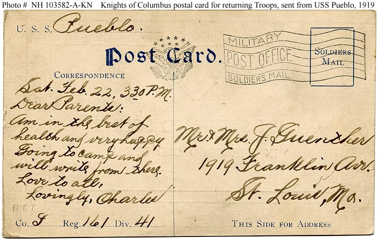 Photo #: NH 103582-A-KN Knights of Columbus Postal Card for Returning Troops, 1919