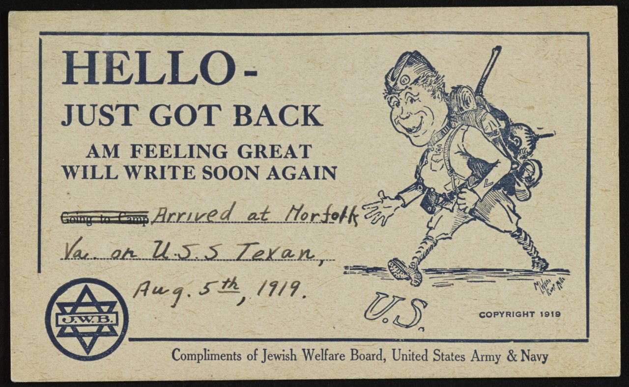 Photo #: NH 104078-KN Jewish Welfare Board Post Card for Returning Troops, 1919