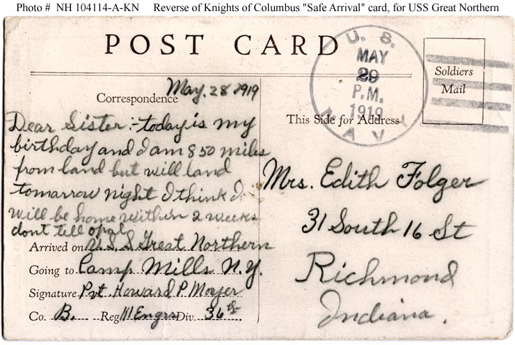 Photo #: NH 104114-A-KN Knights of Columbus Post Card for Returning Troops, 1919