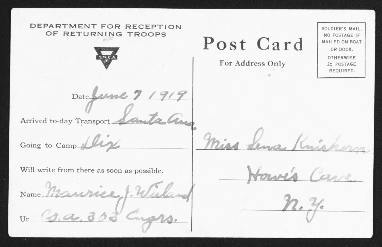 Photo #: NH 104608  YMCA Postal Card for Returning Troops, 1919