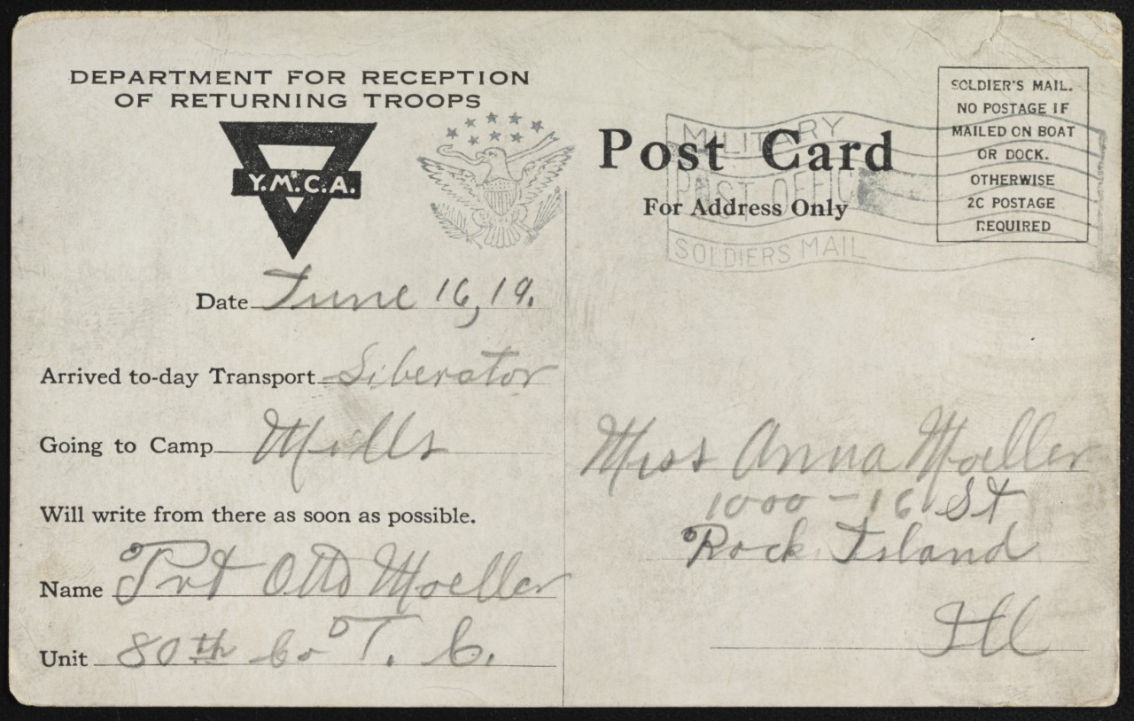 Photo #: NH 105174  YMCA Postal Card for Returning Troops, 1919