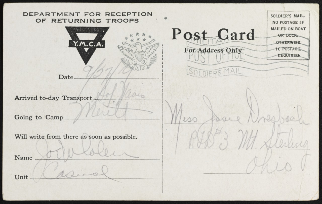 Photo #: NH 105175  YMCA Postal Card for Returning Troops, 1919