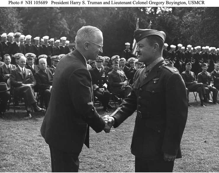 Photo #: NH 105689  President Harry S. Truman congratulates Lieutenant Colonel Gregory Boyington, USMCR
