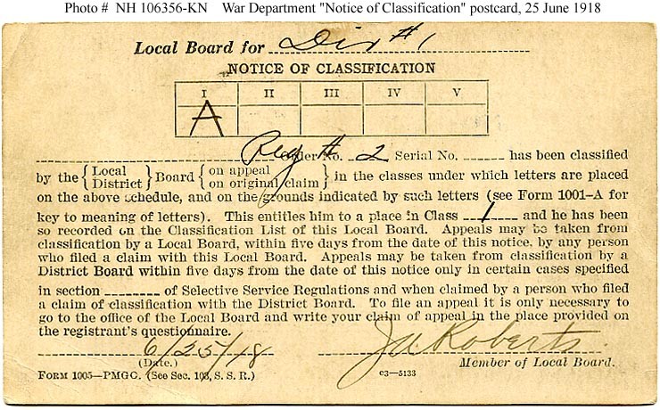 Photo #: NH 106356-KN &quot;Notice of Classification&quot; Postcard for the World War I Draft