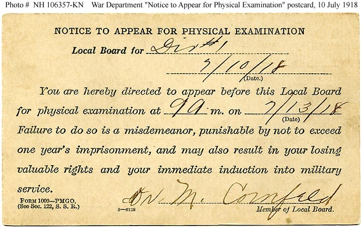 Photo #: NH 106357-KN &quot;Notice to Appear for Physical Examination&quot; Postcard for the World War I Draft
