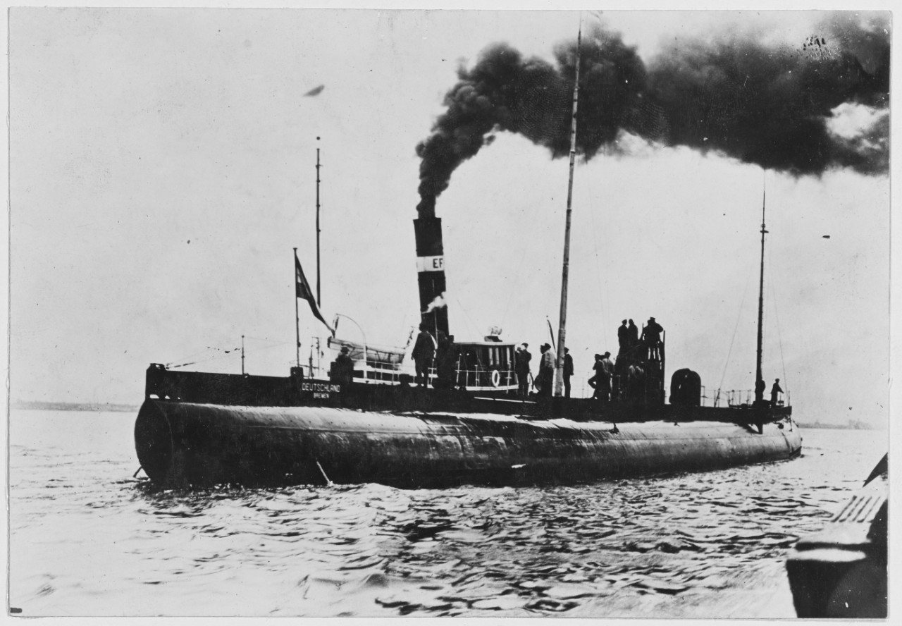 German U-Boat DEUTSCHLAND and Tug THOMAS F. TIMMINS off Cape Henry, outside Baltimore Harbor, Maryland, July 10, 1916