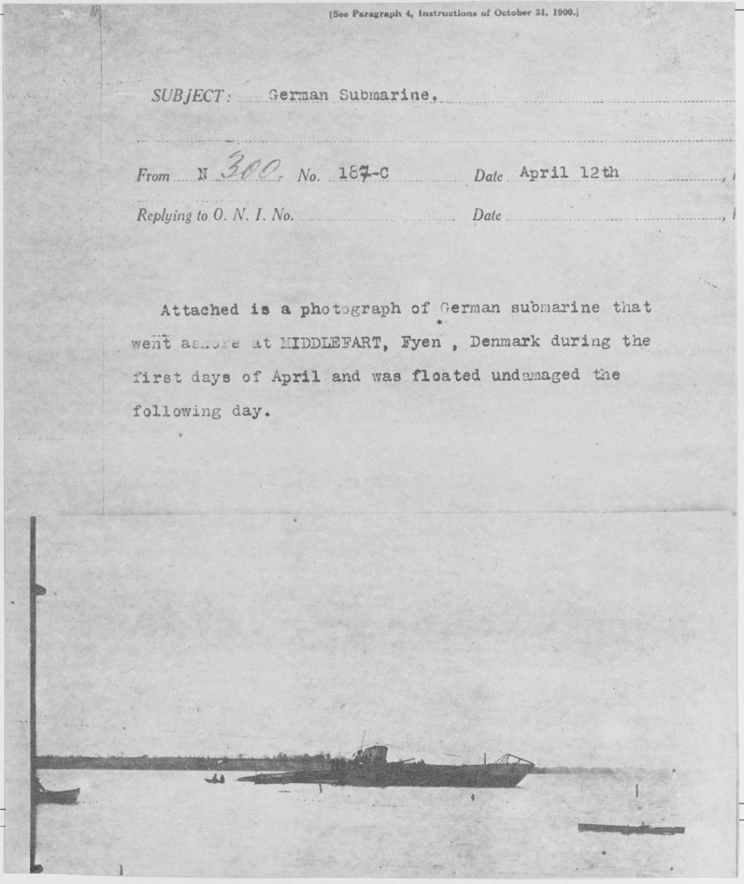 Telegram about a German Submarine, 1918