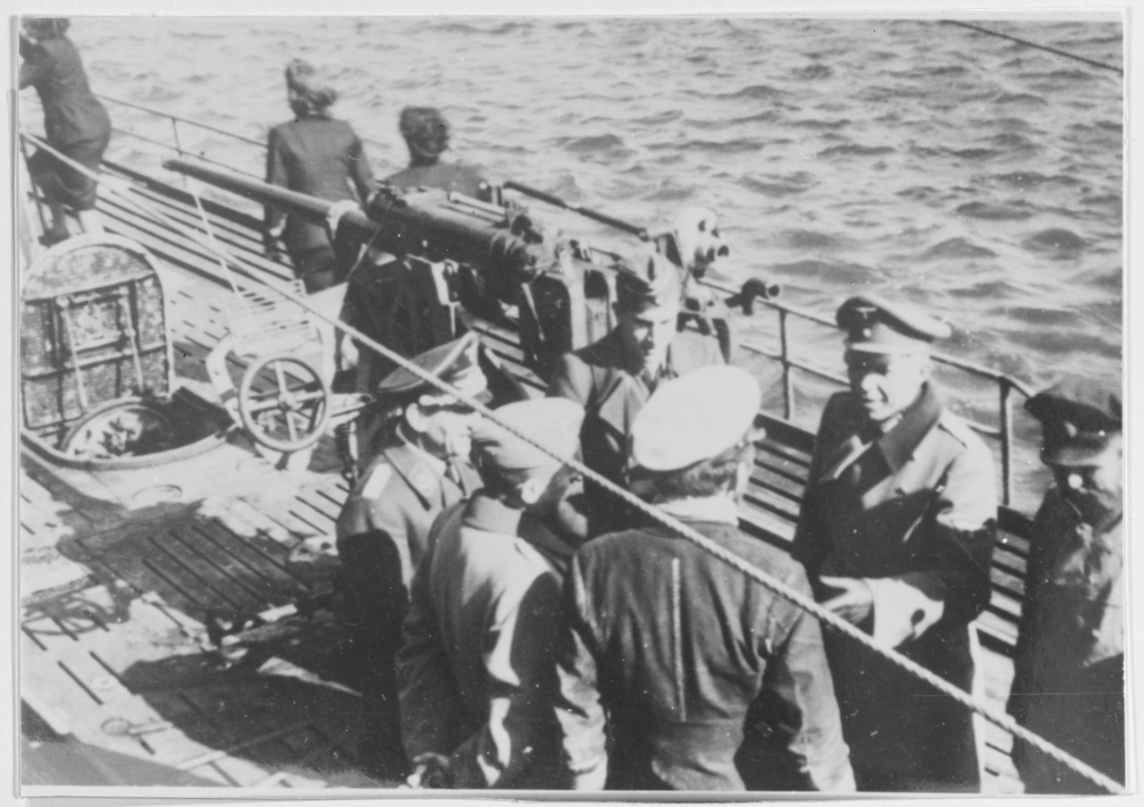 High officers of the German Army and Air Force visit U-428 after return from a cruise to the U.S. Coast.