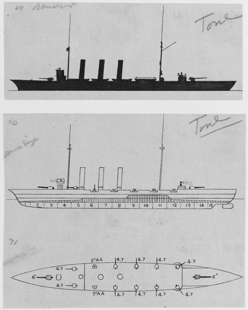 Drawings of Japanese Light Cruiser TONE (1904-1933) in February 1925