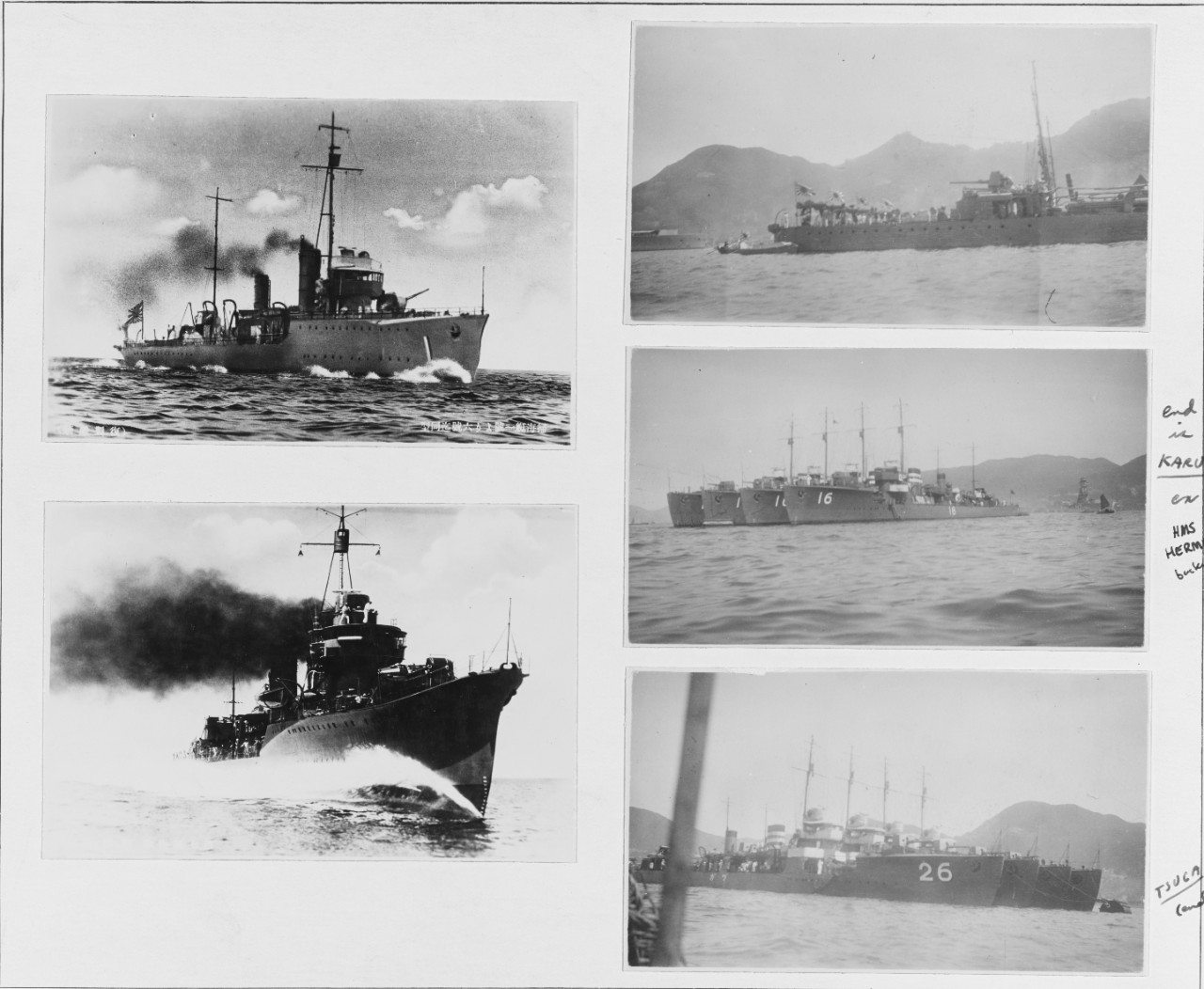 Japanese Destroyers: KARUKAYA (No. 18), HMS HERMES in background, TSUGA (No. 26)