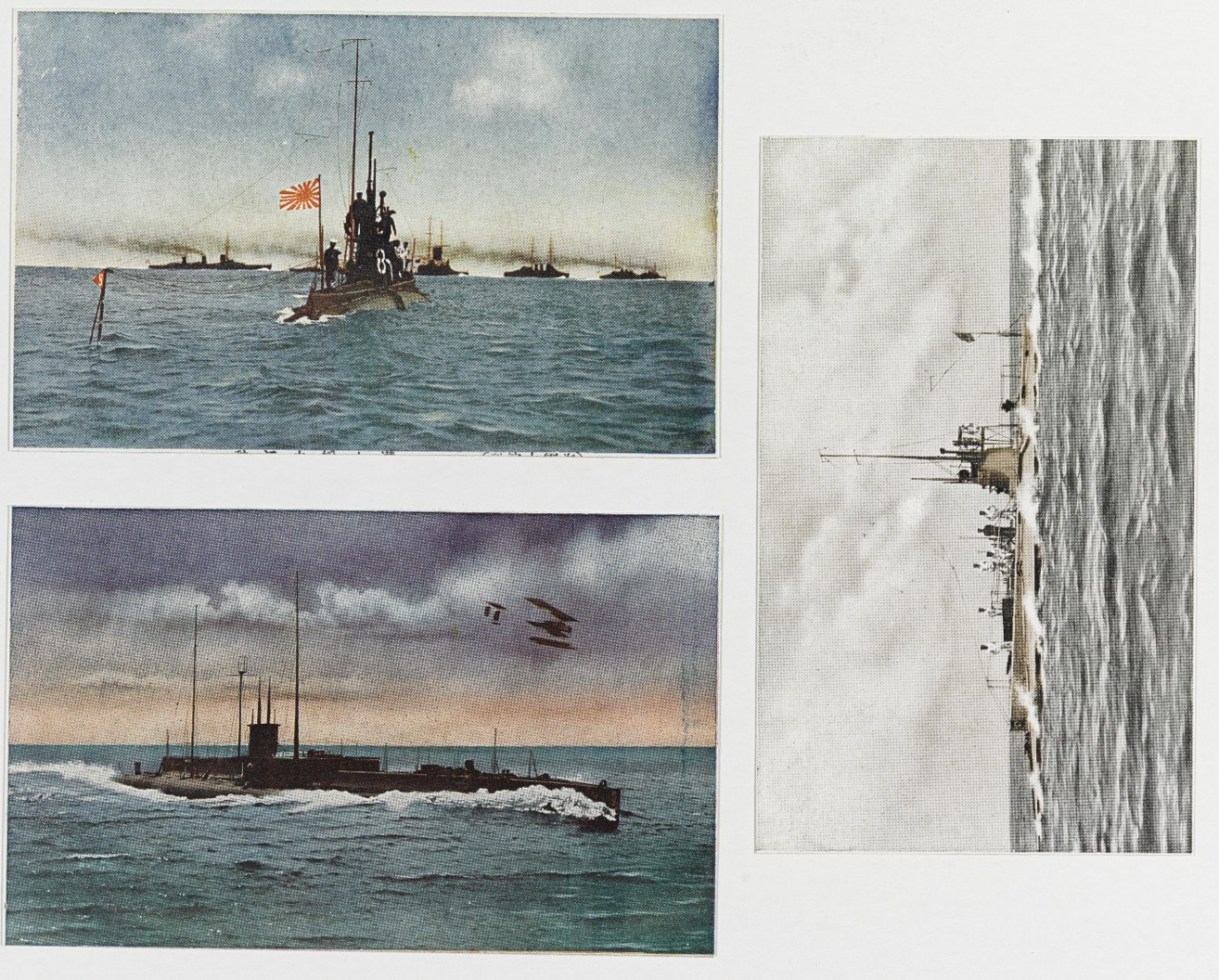 Hand colored Japanese submarines with Japanese flag flying