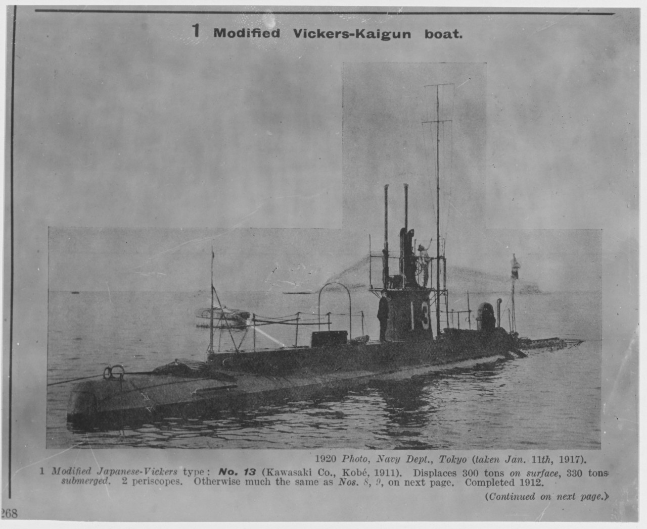 Japanese Submarine Modified Vickers-Kaigun Boat. No. 13. Taken January 11, 1917