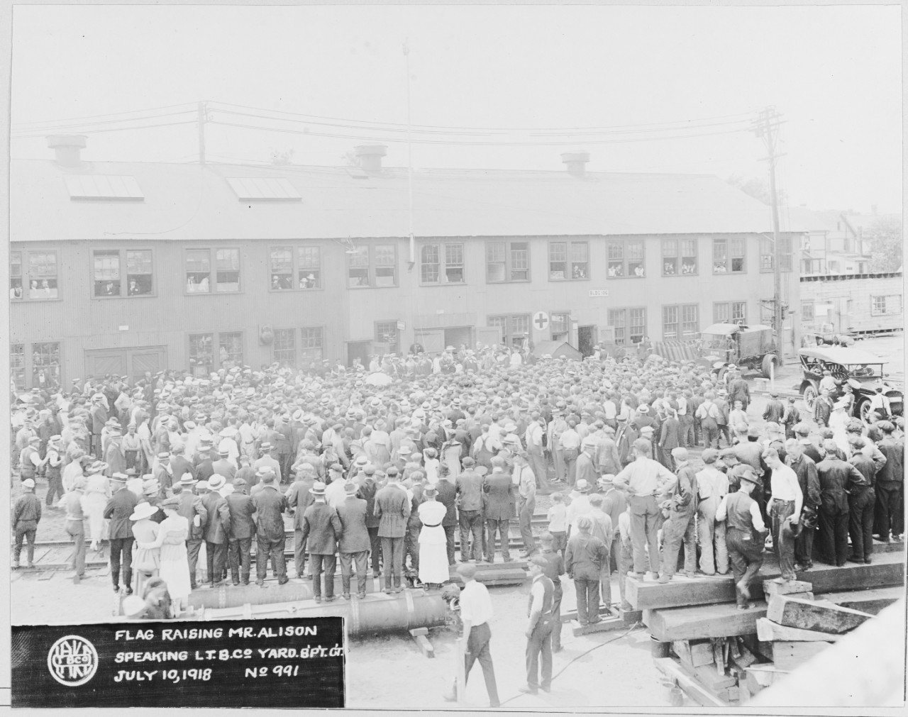 Flag Raising, Mr. Alison speaking on July 10, 1918 at Lake Torpedo Boat Company, Bridgeport, Connecticut