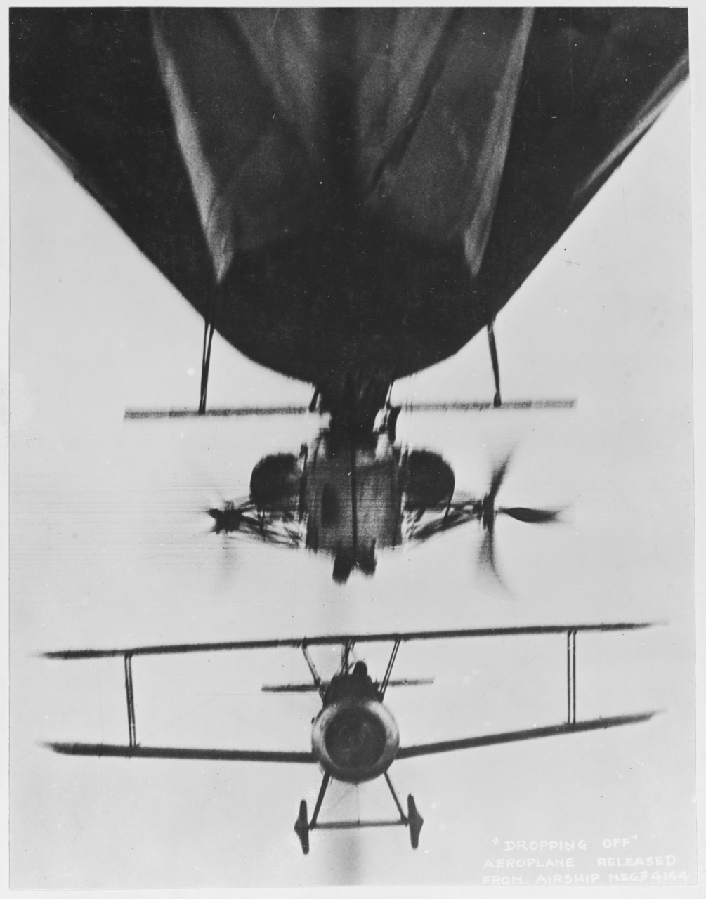 "Dropping off", Aeroplane released from airship (British)