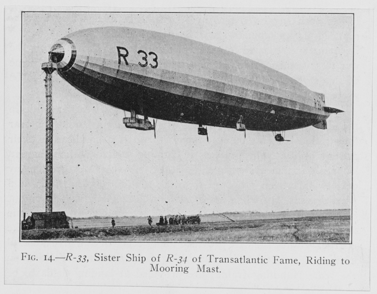 British Dirigible R-33, sister ship of R-34, of Trans-Atlantic Fame. Riding to mooring mast